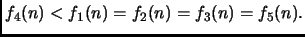 $\displaystyle f_4(n) < f_1(n) = f_2(n) = f_3(n) = f_5(n). $