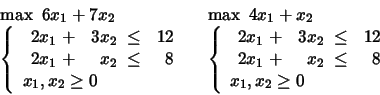 \begin{displaymath}
\begin{array}{l}
\max \mbox{\ }6x_1 + 7x_2\\
\left\{
\b...
...{array} \\
x_1, x_2 \geq 0
\end{array} \right.
\end{array}\end{displaymath}