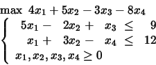 \begin{displaymath}
\begin{array}{l}
\max \mbox{\ }4x_1 +5x_2 -3x_3 -8x_4\\
...
...
x_1, x_2, x_3, x_4 \geq 0
\end{array} \right.
\end{array}\end{displaymath}