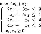 \begin{displaymath}
\begin{array}{l}
\max \mbox{\ }2x_1 + x_2 \\
\left\{
\b...
...{array} \\
x_1, x_2 \geq 0
\end{array} \right.
\end{array}\end{displaymath}