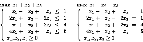 \begin{displaymath}\begin{array}{l}
\max \mbox{\ }x_1 + x_2 + x_3 \\
\left\{
...
...y} \\
x_1, x_2, x_3 \geq 0
\end{array} \right.
\end{array}\end{displaymath}