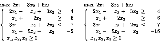 \begin{displaymath}\begin{array}{l}
\max \mbox{\ }2x_1 -3x_2 + 5x_3 \\
\left\...
...y} \\
x_1, x_2, x_3 \geq 0
\end{array} \right.
\end{array}\end{displaymath}