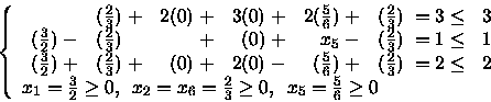\begin{displaymath}\left\{
\begin{array}{l}
\begin{array}{rrrrrrr}
& (\frac{2...
...0 \mbox{, \ }
x_5 = \frac{5}{6} \geq 0
\end{array} \right.
\end{displaymath}