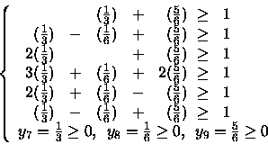 \begin{displaymath}\left\{
\begin{array}{l}
\begin{array}{rcrcrr}
& & (\frac{...
... 0 \mbox{, \ }
y_9 = \frac{5}{6} \geq 0
\end{array} \right.
\end{displaymath}