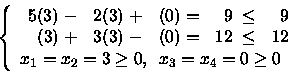 \begin{displaymath}\left\{
\begin{array}{l}
\begin{array}{rrrrr}
5(3) \;-& 2(...
...\geq 0 \mbox{, \ } x_3 = x_4 = 0 \geq 0
\end{array} \right.
\end{displaymath}
