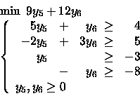 \begin{displaymath}\begin{array}{l}
\min \mbox{\ }9y_5 +12y_6\\
\left\{
\beg...
...{array} \\
y_5, y_6 \geq 0
\end{array} \right.
\end{array}\end{displaymath}